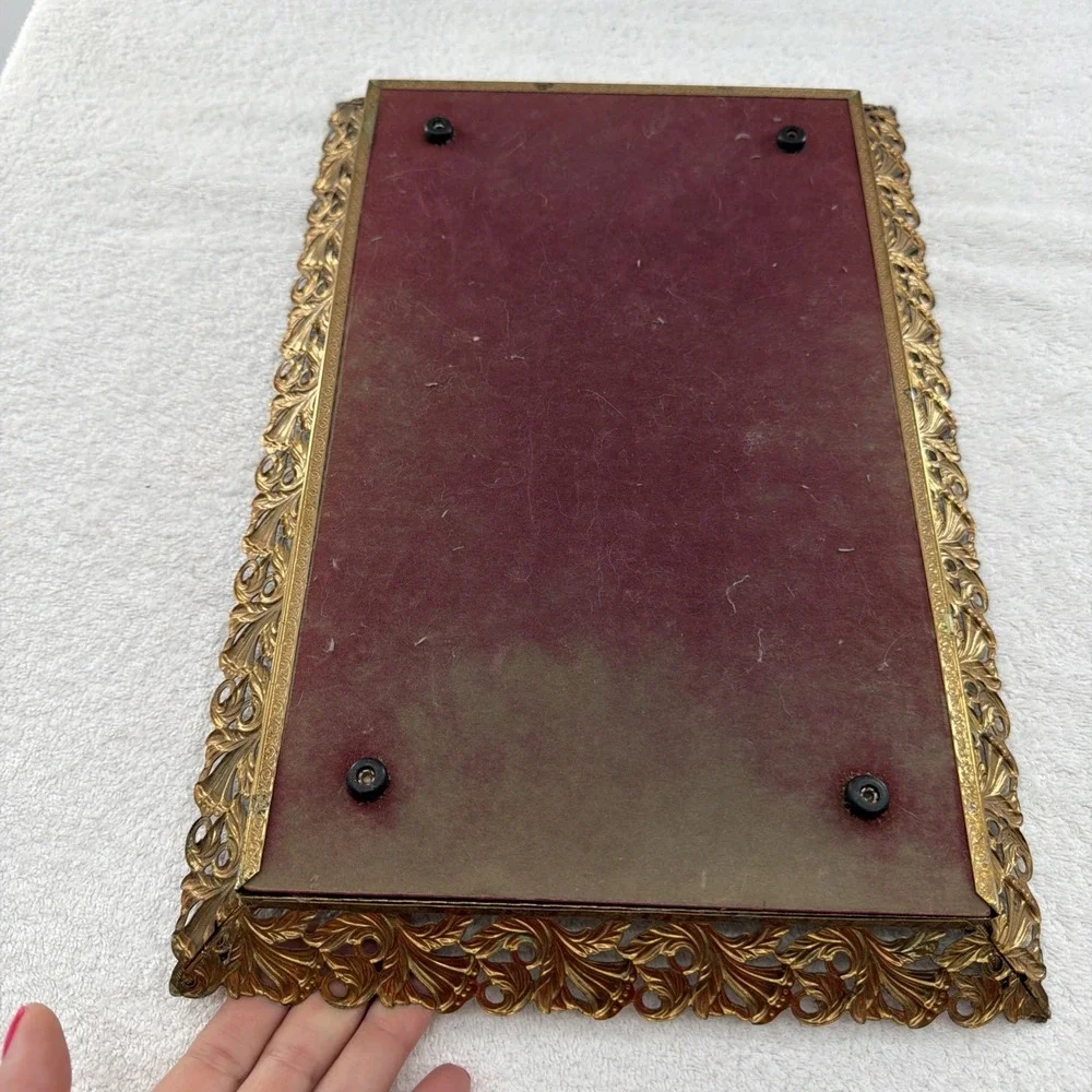 Vintage Footed Vanity Mirror Tray Floral Gold Tone Filigree Frame Felt 15